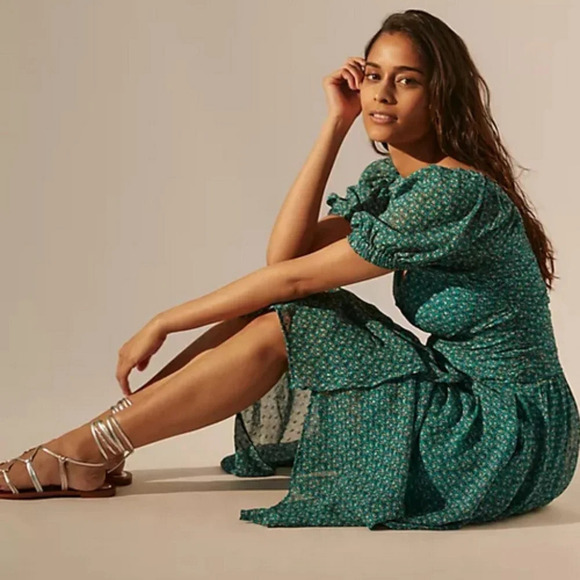 NEW Anthropologie 10 Floral Puff Sleeved Cut Out Midi Dress Green Handkerchief - Picture 4 of 11